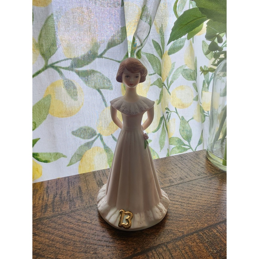 Enesco Growing Up Brunette Age 13 Birthday Figurine 6.5" Pink Dress